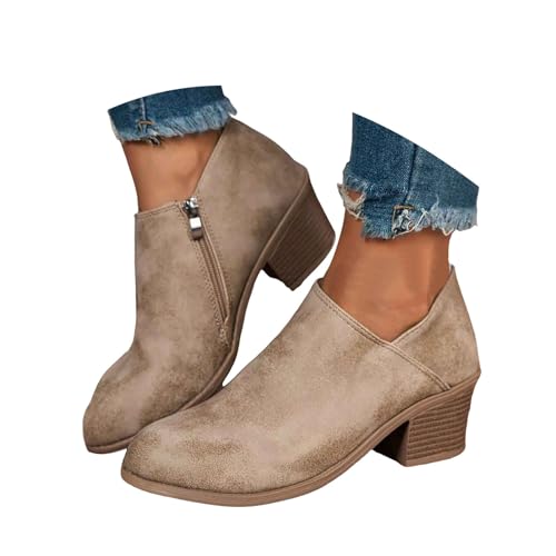 Womens Slip on Ankle Boots V Cutout Round Toe Chunky Stacked Low Heel Booties Fashion Side Zipper High Top Comfortable Short Boots Women's Casual Dress Block Heel Walking Booties