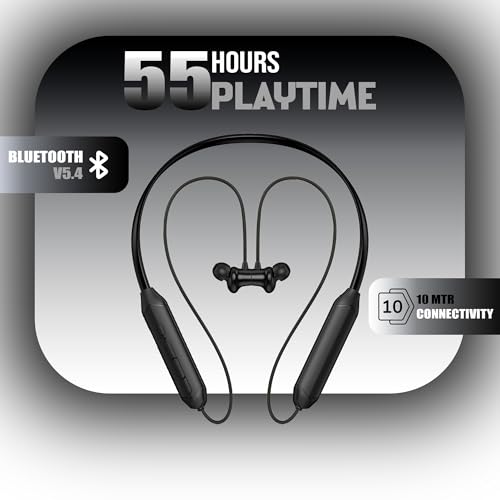 Image of Kratos Black Bluetooth Neckband with 55 Hrs Playtime, Deep Bass, Stereo Sound, HD Calls, Magnetic Earbuds, Voice Assistant, Type-C Charging, Rich Audio, Hollow Switch for Comfort & Style