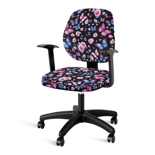 Xoenoiee Funda protectora para silla de oficina con estampado de mariposa rosa rosa, 2 piezas, funda de respaldo y asiento de silla, funda de poliéster para silla de escritorio de computadora