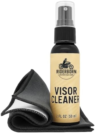 Riderborn Premium Motorcycle Helmet and Visor Cleaner – Anti-Static, Streak-Free Spray + Microfiber Towel – Safe for All Visors, Goggles, Windshields, and Displays – 2oz Travel Size
