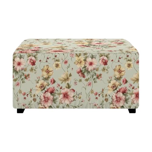 ZDCUSTOM Rectangle Ottoman Slipcover for Home Decoration Vintage Flowers Printed Footstool Cover with Elastic Bottom Easy to Install Footrest Stool Protector Cover