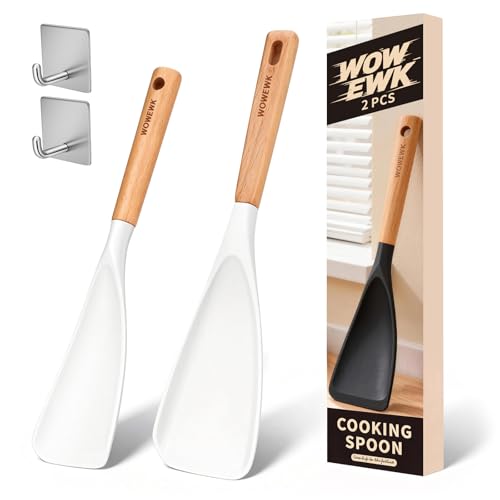 2 Pack Silicone Cooking Spoon for Nonstick Cookware, BPA-Free Matte Silicone Kitchen Spoon with Wooden Handle, Heat Resistant Serving Spoon for Mixing, Scooping, Scraping – White