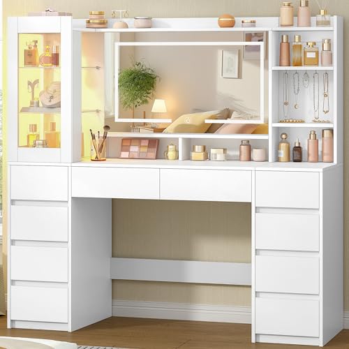 Hzuaneri 140 cm Große Schminktisch mit RGB-Beleuchtung Schminktisch mit Große Spiegel Schminktische mit 10 Schubladen und 9 Ablagefächern Ideal für Schlafzimmer und Büro Weiß 1150003XEU