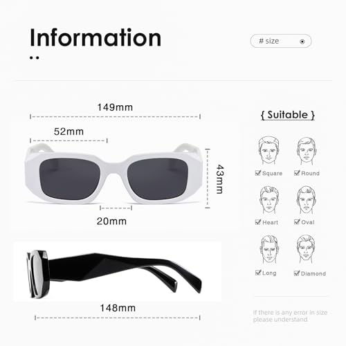 kimorn Rectangle Sunglasses for Women Men Trendy Retro Trendy Sun Glasses 90’s Vintage Square Frame K1307 (Black+White Frame Grey Lens)4
