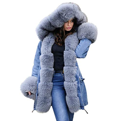 QIQIU Womens New Faux Fur Hooded Denim Fishtail Fleece Long Sleeves Overcoat Coat Winter Warm Plus Size Outwear