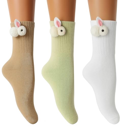 Image of 3 Pairs Women Cotton Crew Socks Animal Socks Cute Emulation Rabbit Decoration Women Casual Crew Sock