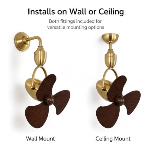 Image of OLTAO Nova 14-Inch Designer Wall Premium Deluxe Fan with Wooden Blades - Silent Operation & Oscillation- Wall and ceiling attachment included (Antique brushed gold)