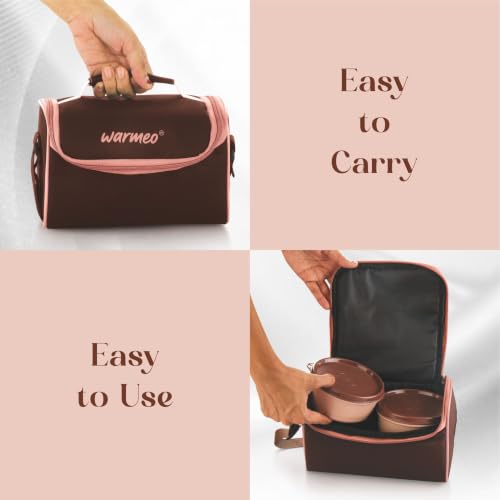 Image of WARMEO Micro Meal Microwave Safe Lunch Box | 1 Rectangular Container 600ml + 2 Round Container 350ml Each | BPA Free I Stylish Durable Jacket I Ideal for Office,School,Outdoor, Picnic,Brown