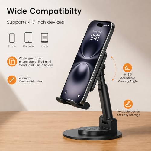 Image of Sounce Adjustable Mobile Stand for Desk | 360 Rotation, Stable Metallic Base | Portable Phone Holder Tripod for Recording | Compatible with Smartphone, Tablet, iPad & Kindle (Black)