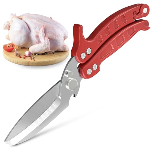 4-in-1 Kitchen Shears Heavy Duty – Sharp Seafood, Poultry Shears & Chicken Scissors with Non-Slip Metal Handle & Micro-Serrated Blades for Meat – Spring-Loaded Bone Cutting Scissors with Safety Lock