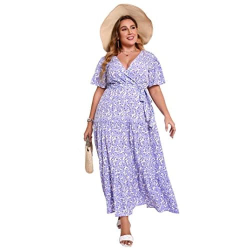 KOJOOIN Women Plus Size V Neck Wrap Maxi Dress Short Sleeves High Waist Ruffle Summer Casual Dress with Belt 4X-Large Purple Flower