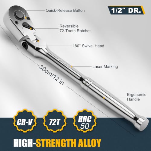 1/2" Drive Flex Head Ratchet, 72-Tooth Quick-Release, CR-V Steel, Full Chrome, Swivel Head Ratchet Wrench with EVA Foam Tray, for Auto Mechanic & DIYer | 12 Inch Long by YIYEIE - Image 9