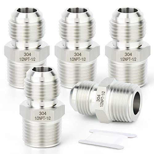 Image of TAISHER 5PCS Forging of 304 Stainless Steel Tube Flare Fittings, 1 /2 inch Male Flare x 1 /2 inch NPT Male, Half Union