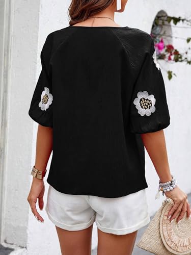 Image of Women's Summer Tops Floral Embroidered Puff Short Sleeve Shirts V Neck Boho Tunic Casual Blouse