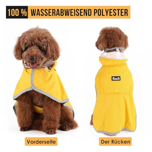 Eyein Wasserdichter Hunderegenmantel, Regenmantel für Große Hunde mit Kapuze und weichem Futter, Verstellbare Hunderegenjacke mit reflektierenden Streifen, Winddicht und leicht, Gelb, XXL