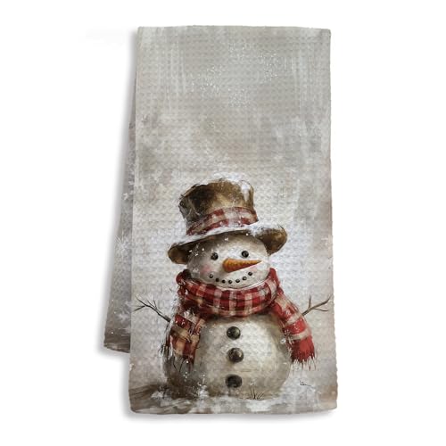Image of Vintage Christmas Snowman Kitchen Towels, Christmas Winter Dish Tea Towels for Kitchen, Rustic Xmas Winter Snowman Decorative Hand Towel for Bathroom Decor, 16x24 Inch