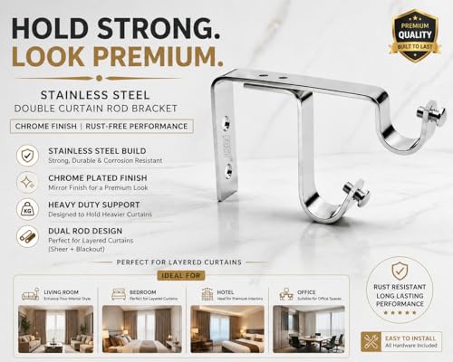 Image of FAST Premium Stainless Steel Curtain Rod Bracket, Heavy Duty Dual Curtain Rod Support Clamp, Chrome Plated Wall Mount Holder, 150mm Length x 20mm Width x 3mm Thickness. 1 set