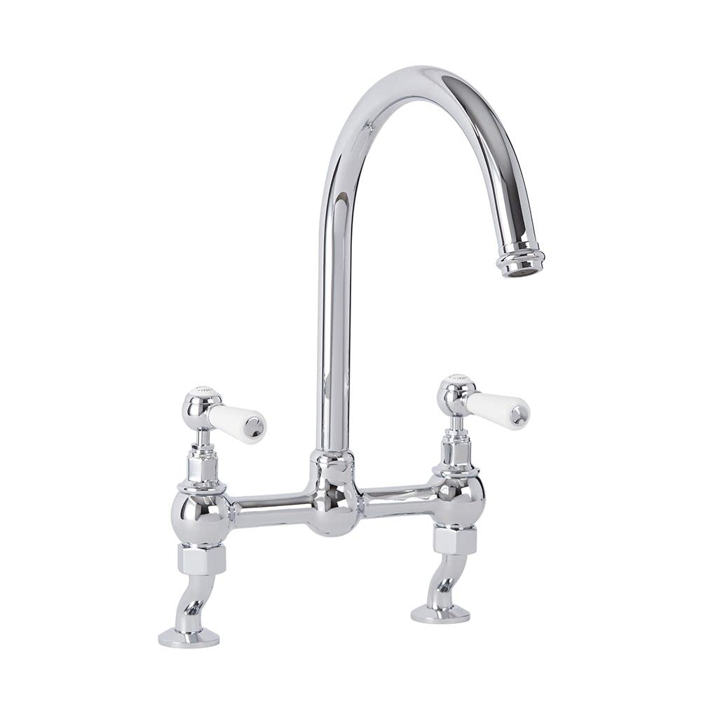 Milano Chrome & White Elizabeth Lever Handle Bridge Kitchen Sink Mixer Tap Swivel Spout - Chrome White