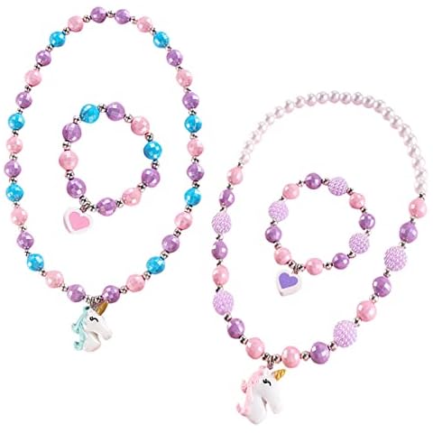 WideSmart 2 Set Unicorn Necklace Bracelets,Kids Unicorn Jewelry Set Unicorn Bracelet Beaded Necklace and Bracelets Candy Colors Unicorn Necklace for Little Girl Princess Dress up Party Favor Bag Gifts Cover