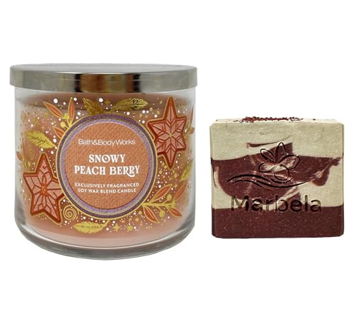 Bath & Body Works Snowy Peach Berry 3-Wick Scented Candle with a Cherry On Top Bar Soap