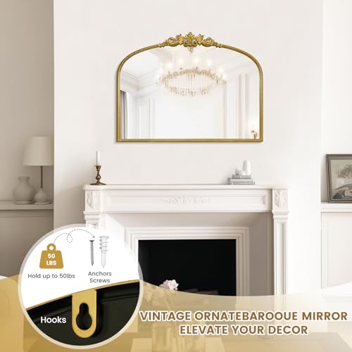 Image of WallBeyond Gold Vintage Mirror for Vanity 32x24 Inch, Gold Antique Mirror with Ornate Frame, Arched Vintage Wall for Bathroom, Living Room, Fireplace, Entryway