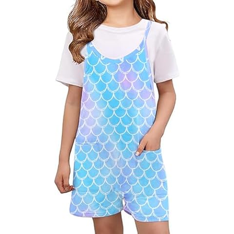 Lattlefnki Girls Romper Sleeveless Spaghetti Strap V-Neck Shorts Jumpsuit with Pockets Summer Casual Outfits for Girl 7-8 Years, Mermaid Cover