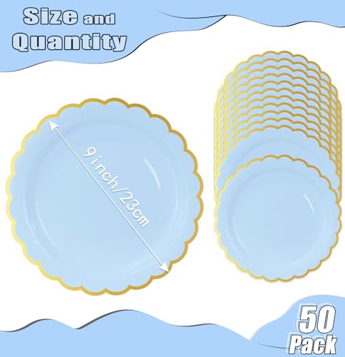 Image of HEIPINIUYE 50 Pieces Light Blue Paper Plates with Gold Foil 9 Inch Disposable Baby Blue Scalloped Dinner Plates for Wedding Baby Shower Birthday Party Dessert Plate