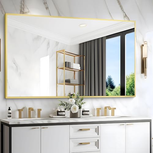Image of COFENY 36x55inch Bathroom Mirror, Gold Rectangle Mirror with Thin Metal Frame, Large Rectangular Wall Mirror for Bathroom, Living Room, Hair Salon, Big Farmhouse Mirror Hang Horizontal /Vertical