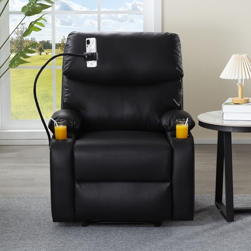 Image of Recliner Chair, Oversized Reclining Chair with Phone Holder & 2 Cup Holders, Leather Wide Rocker Chair for Adults, Single Reclining Sofa Recliner for Living Room, Office, Theater Seating