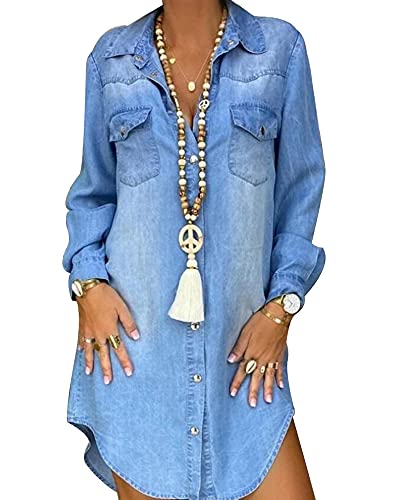 Acrawnni Damen Jeans-Shirt-Kleid, lange Ärmel, Reversknöpfe, lässig, locker, Used-Look, Jeanskleid, Tunika, Top, blau, XXX-Large
