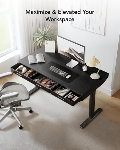Image of HUANUO Electric Standing Desk with Drawers, C-Clamp Mount Compatible, 40 x 22 Inch Height Adjustable Sit Stand Desk, Fabric Drawers, Home Office Stand Up Desk with 4 Custom Height Settings, Black