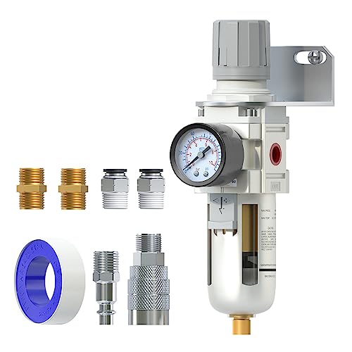 AIRZOE 1/2 NPT Air Filter Regulator Combo Piggyback 5 Micron Brass Element Semi-Auto Drain Air Pressure Regulator AW4000-04 0-145 psi Gauge