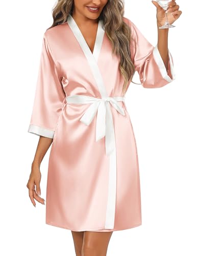 Image of Ekouaer Women's Satin Robes Silk Kimono Bathrobe 3 /4 Sleeve Bridal Bridesmaids Robes Soft Silky Sleepwear S-XXL