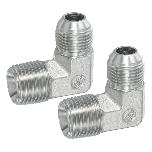 Image of PATIKIL 90 Degree Pipe Adapter, 2 Pcs 3 /4 inch Male 37 Flare JIC x 1 /2 inch BSPT Male Connector Carbon Steel Elbow Fitting for Air Hydraulic Fluid Fuel Water Oil, Silver
