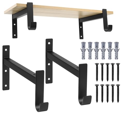 2 Stk Regalwinkel Regalhalterung Schwarz, Winkel Metall Regalhalterungen, Schwerlast Regalträger mit Haken, 90 Grad Regal Halterung Wandmontage für Wandhalterung Regal (253mm/10 Zoll/Schwarz)