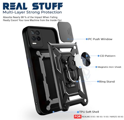 Image of AESTMO Tough Armor Compatible with Realme 9 5G / 8 / 8S / Narzo 30 5G Bumper Back Case Cover | Ring Holder & Sliding Camera Shield Cover | 360 Degree Protection Back Case Cover (Black)