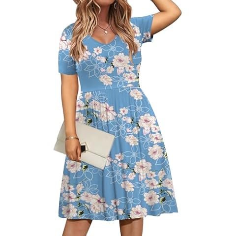 DB MOON Women Plus Size Summer Dresses 2024 Casual V Neck Short Sleeve Knee Length Dress with Pockets 4XL Flower Light Blue Cover