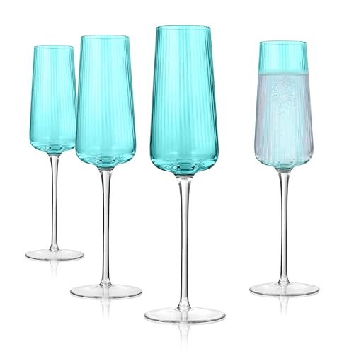 ARTLAND Soho Optic 8.5 oz Champagne Flute, Set of 4 - Modern Contemporary Stemmed Glasses - Ideal for Weddings, Parties, Prosecco, Sparkling Wine, Excellent Gift Idea, Dishwasher Safe (Turquoise)