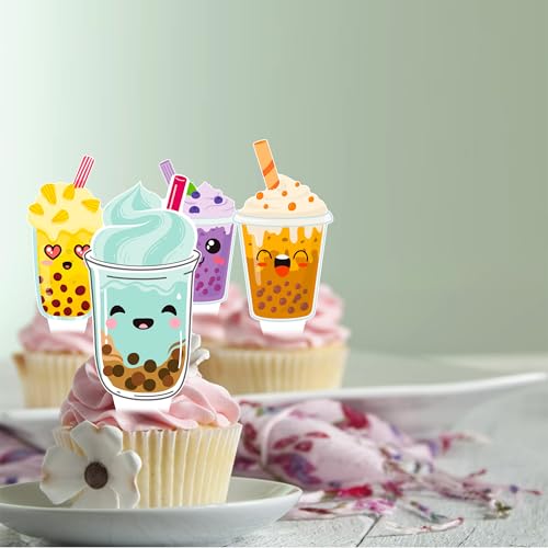 Bubble Tea Cupcake Toppers 48Pcs - Boba Themed Birthday Party Decorations, Milk Tea Cake Topper for Pearl Milk Theme Baby Shower Party Supplies - Image 3
