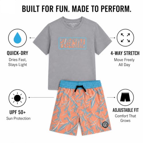 Image of Volcom Baby Boys Swim Set - 2 Piece Short Sleeve Swim Shirt Graphic Tees & Board Shorts - Infant Toddler Little Boys Swimsuit