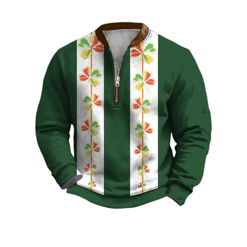 HOTYD St Patricks Day Sweatshirt Men Quarter Zip Pullover Shamrock Clover Print Sweatshirt Casual Long Sleeve Polo Tops