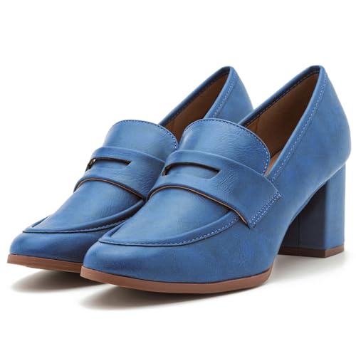 Women Chunky Block Heel Loafers Pumps Round Closed Toe Slip On Oxford Loafer Shoes Mid Heel Classic Work Pumps for Office Ladies Matte Leather Formal Business Dress Shoe Vintage 4-11 M US