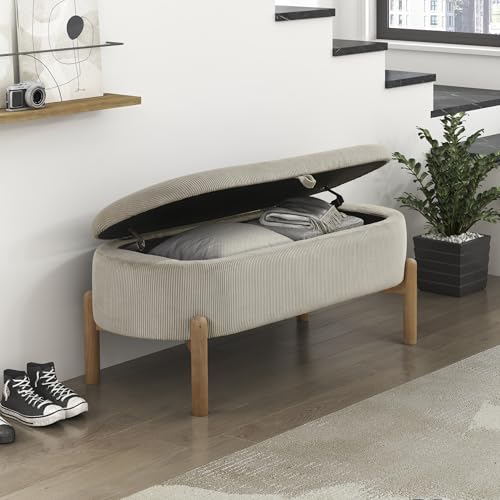 Lexicon Lift Top Storage Bench, Corduroy Upholstered Oval Entryway Bench with Solid Wood Leg Support, Modern Striped Storage Chest for Entryway/Living Room/Bedroom, Taupe