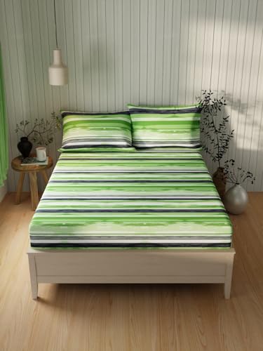 Image of KOPA Extra Smooth Cotton Double Bedsheet with 2 Pillow Covers -3pc Set (Lopez) | Extra Smooth Cotton | 1 Double Bedsheet with 2 King Size Pillow Covers Stripe-Lime /Green