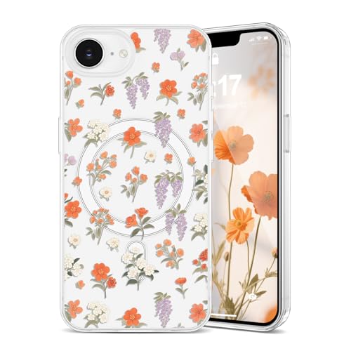 Coque iPhone 16e Magsafe transparente protège jaunissement motif fleur