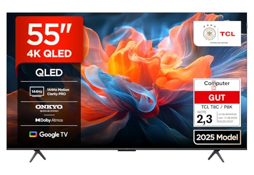 TCL 55T8C 55 Zoll QLED 4K HDR UHD Fernseher, Smart Google Tv Dolby Vision Atmos,144Hz Motion Clarity Pro, Game Bar, ALLM, Freesync, Onkyo 2.1 Sound, Sprachsteuerung, Kompatibel mit Google Assistant