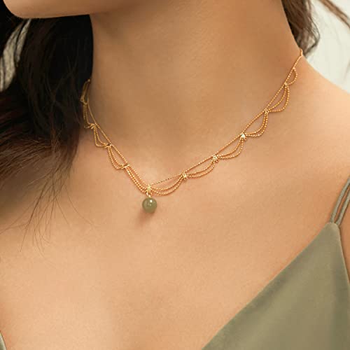 Dainty 14K Gold Plated Hetian Jade Choker Necklace Multi Layer Round Pendant Women 16 Inches Adjustable Jewelry Good Fortune Gift For Her #TOP2