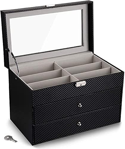 WUWEOT 18 Slots Sunglasses Organizer Collector Eyeglasses Sunglass Glasses Storage Box Eyeglasses Eyewear Display Case with Drawer, Lockable, Black