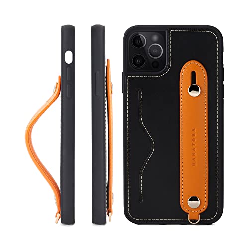 iPhone 14 Pro Max ケース 本革 グリップケース レザー ストラップ付属 イタリア製牛革 ヌメ革 片手操作 カード収納 スタンド機能 メンズ レディース ブラック/オレンジ CGH-14ProMax-Black-OG