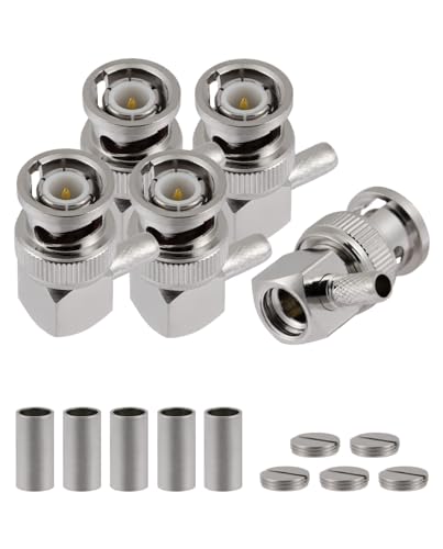 Vecys 5 PCS BNC Male Right Angle Crimp Connectors 50 Ohm BNC Male Crimp Connector for RG58 RG142 RG400 VLMR195 RF Coax Cable